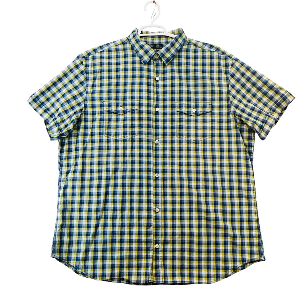 Banana Republic Mens XXL Short Sleeve Plaid Button Down Shirt Blue Green Gingham
